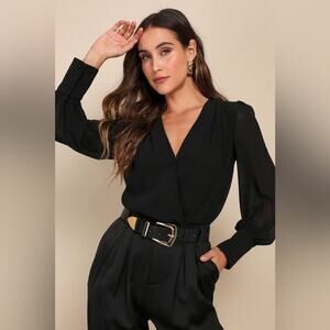 Lulus Sophisticated Aspect Black Chiffon Surplice Long Sleeve Bodysuit